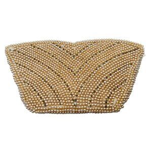 Vintage La Regale Faux Pearl Beaded Japan Zip Top Clutch Purse Bag Cream Gold